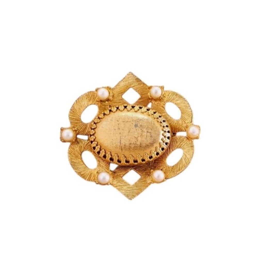 Vintage Signed Jeanne Gold Tone Faux Pearl Star Openwork Brooch Pin Mid Century